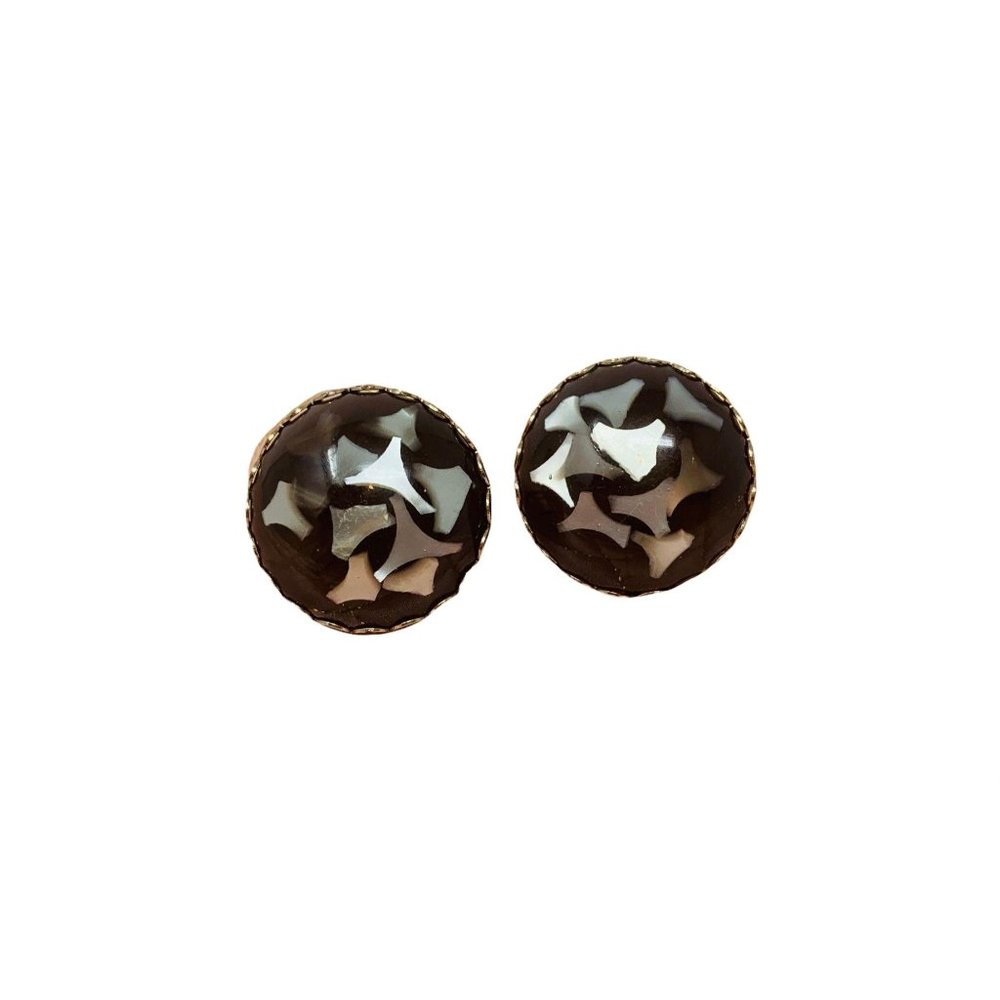 Vintage 1950s Screw Backs Brown Pearl Bone Filled Circle Clip On Earrings